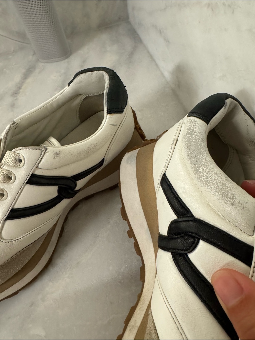 Veronica Beard Valentina White Sneakers with Tan Platform and Navy Accents - Picture 8 of 10
